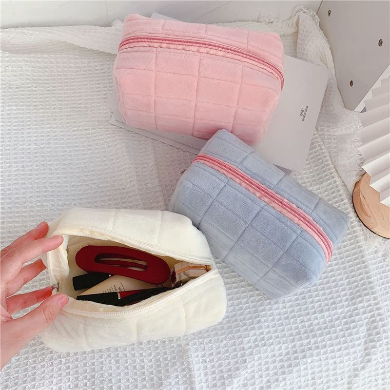 Plush Checkered Makeup Bag – Large Cosmetic & Travel Organizer