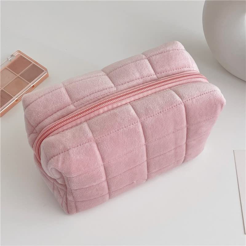 Plush Checkered Makeup Bag – Large Cosmetic & Travel Organizer