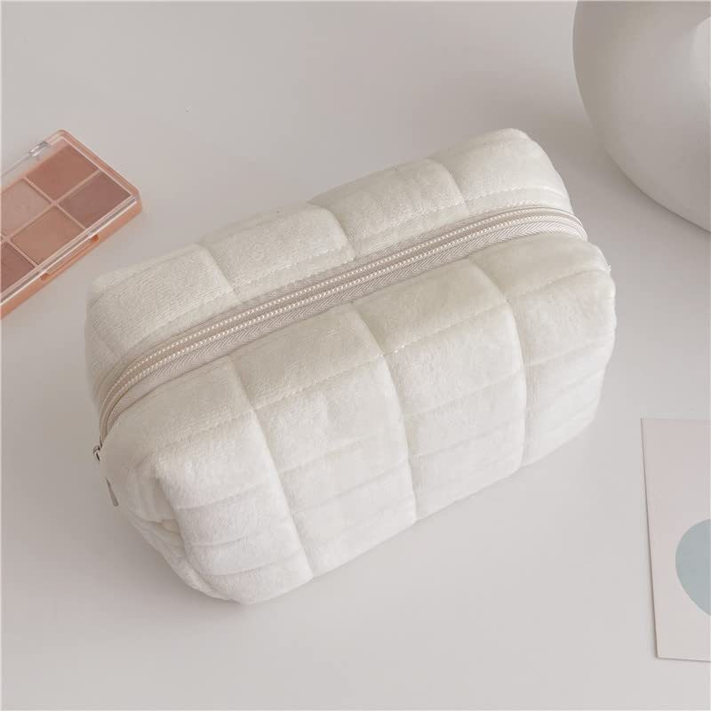 Plush Checkered Makeup Bag – Large Cosmetic & Travel Organizer