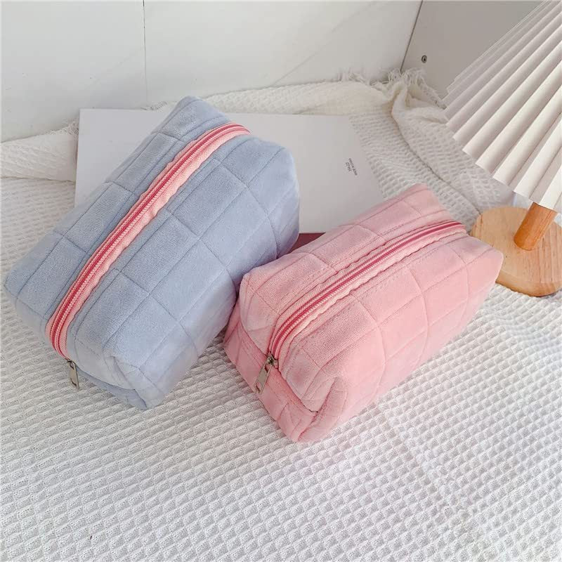Plush Checkered Makeup Bag – Large Cosmetic & Travel Organizer