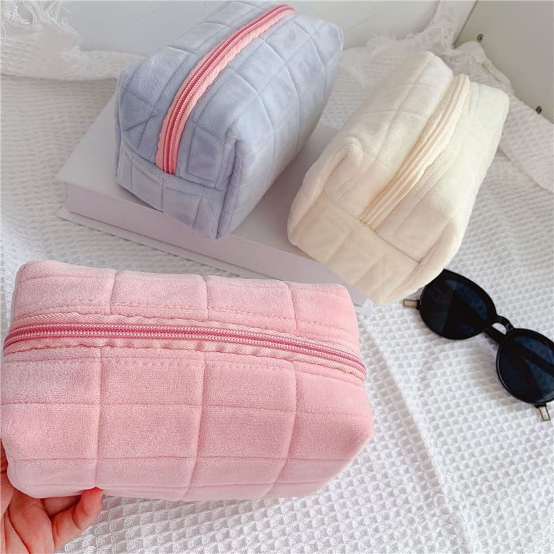Plush Checkered Makeup Bag – Large Cosmetic & Travel Organizer