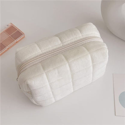 Plush Checkered Makeup Bag – Large Cosmetic & Travel Organizer